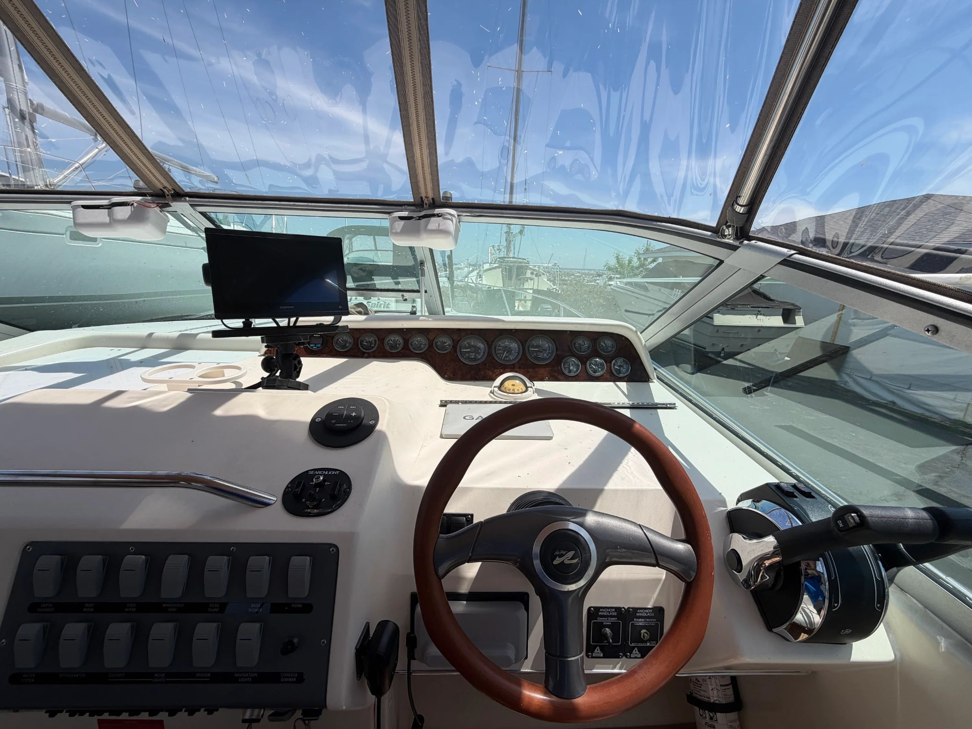 Helm station with wood wheel and gauges